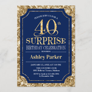 Surprise 40th Birthday Party - Gold Navy Invitation