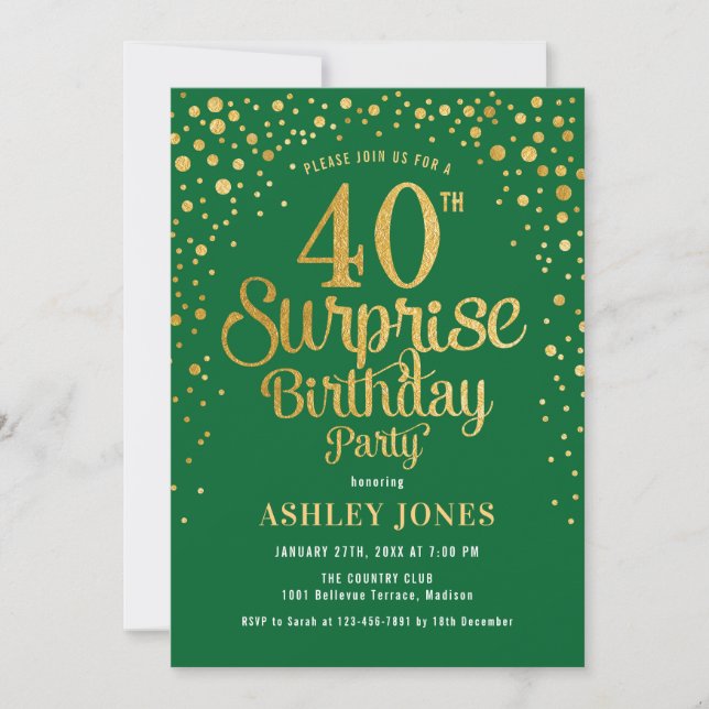 Surprise 40th Birthday Party - Green & Gold Invitation (Front)