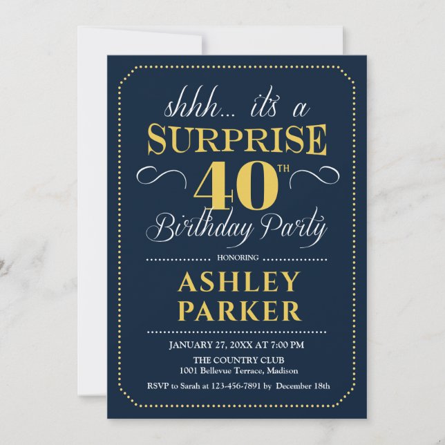 Surprise 40th Birthday Party - Navy Gold Invitation (Front)