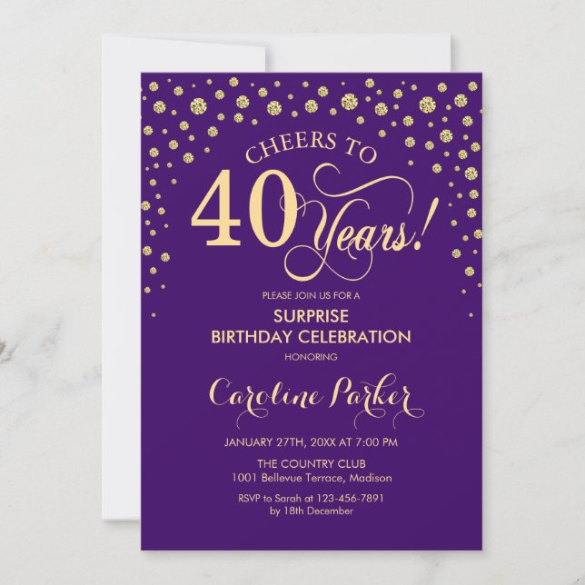 Surprise 40th Birthday Party - Purple Gold Invitation (Front)