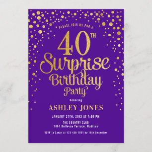 Surprise 40th Birthday Party - Purple & Gold Invitation
