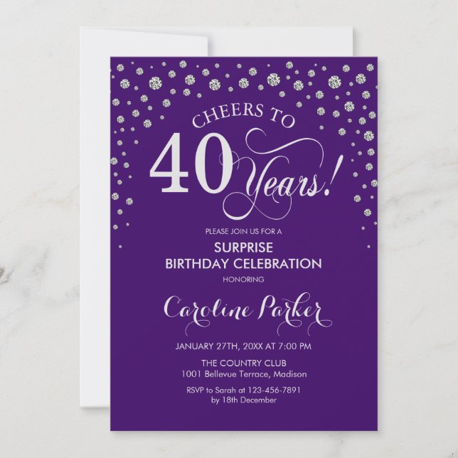 Surprise 40th Birthday Party - Purple Silver Invitation (Front)