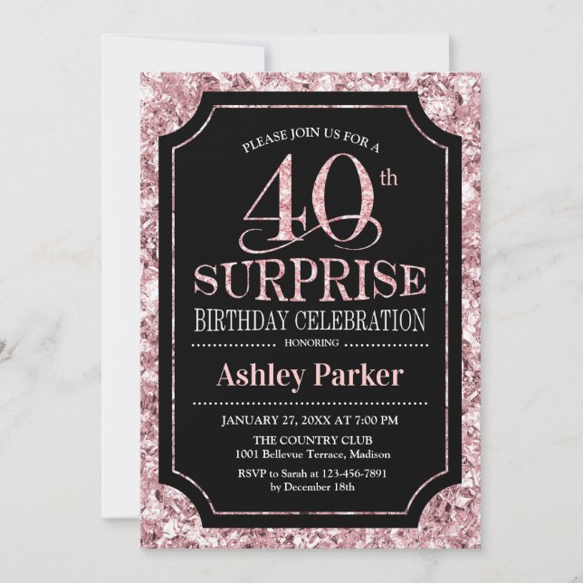 Surprise 40th Birthday Party - Rose Gold Black Invitation (Front)
