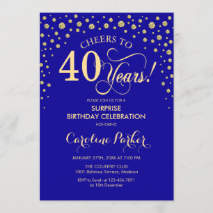 Surprise 40th Birthday Party - Royal Blue Gold Invitation
