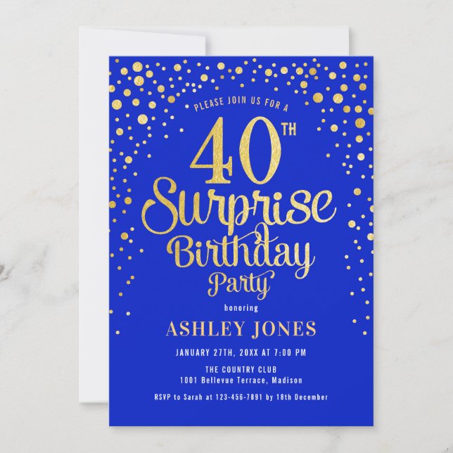 Surprise 40th Birthday Party - Royal Blue & Gold Invitation (Front)