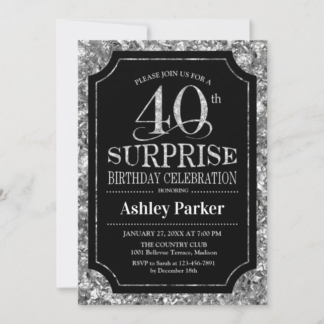 Surprise 40th Birthday Party - Silver Black Invitation (Front)