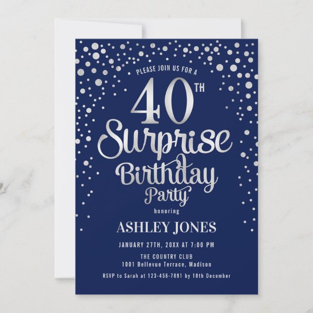 Surprise 40th Birthday Party - Silver & Navy Blue Invitation (Front)
