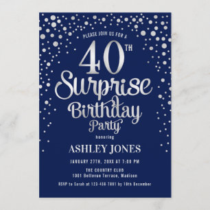 Surprise 40th Birthday Party - Silver & Navy Blue Invitation