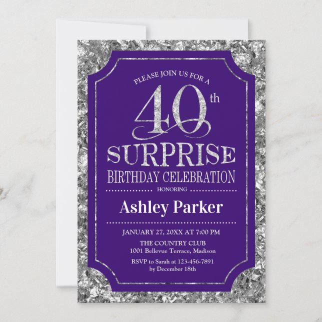 Surprise 40th Birthday Party - Silver Purple Invitation (Front)