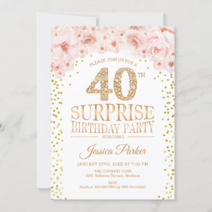 Surprise 40th Birthday Party - White Gold Pink Invitation