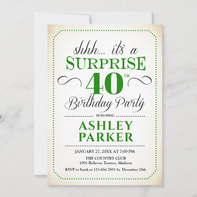 Surprise 40th Birthday Party - White Green Invitation (Front)