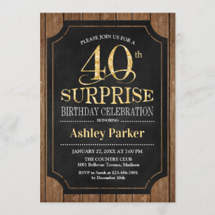 Surprise 40th Birthday Party - Wood Gold Invitation
