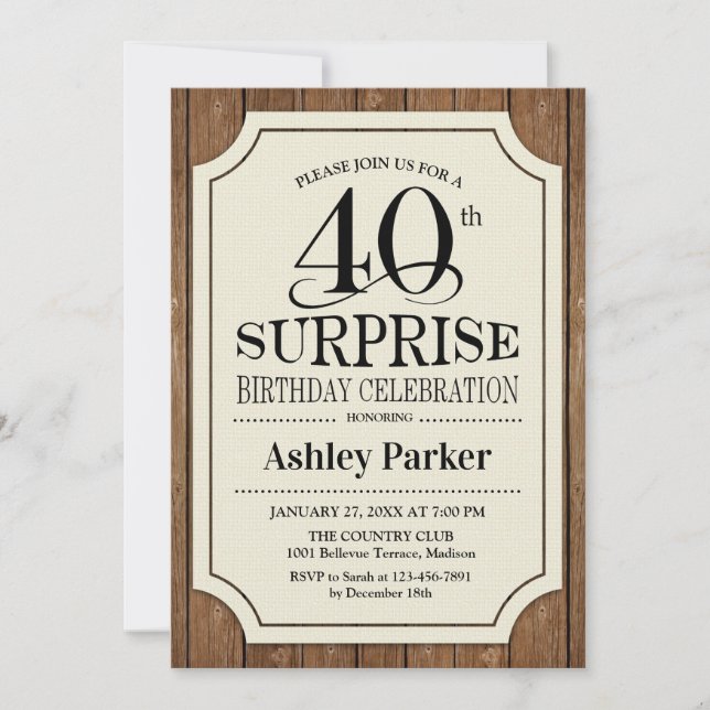 Surprise 40th Birthday Party - Wood Pattern Invitation (Front)