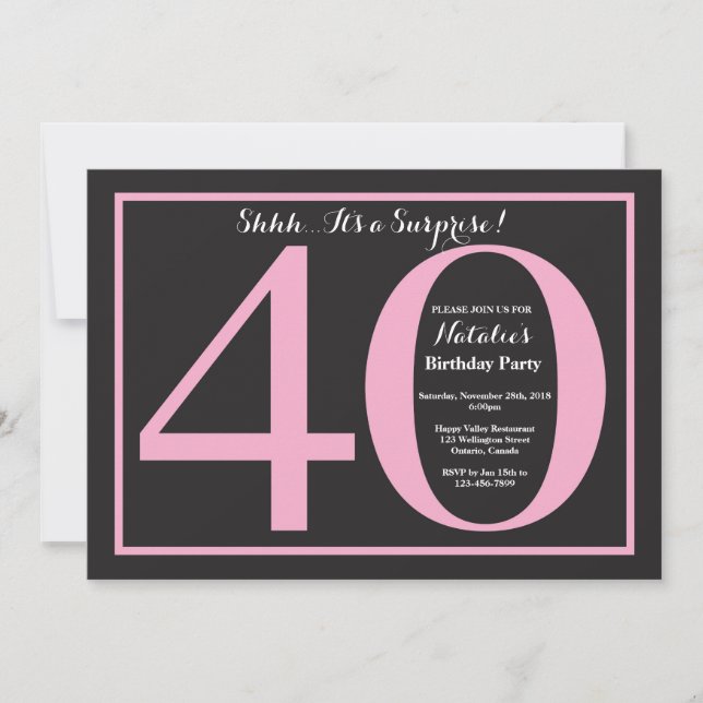 Surprise 40th Birthday Pink and Black Chalkboard Invitation (Front)