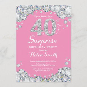 Surprise 40th Birthday Pink and Silver Diamond Invitation