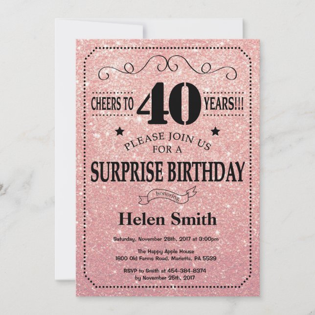 Surprise 40th Birthday Pink Rose Gold Glitter Invitation (Front)