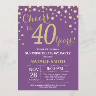 Surprise 40th Birthday Purple and Gold Diamond Invitation