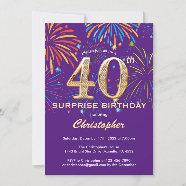 Surprise 40th Birthday Purple and Gold Firework Invitation (Front)
