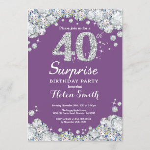 Surprise 40th Birthday Purple and Silver Diamond Invitation