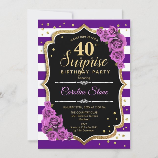 Surprise 40th Birthday - Purple Gold Invitation (Front)