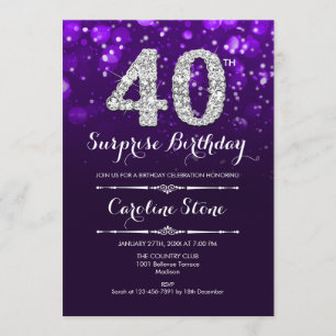 Surprise 40th Birthday - Purple Silver Invitation