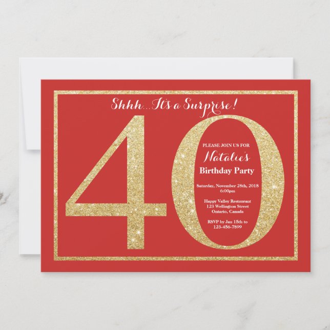 Surprise 40th Birthday Red and Gold Glitter Invitation (Front)