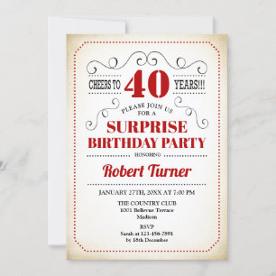 Surprise 40th Birthday - Red White Black Invitation