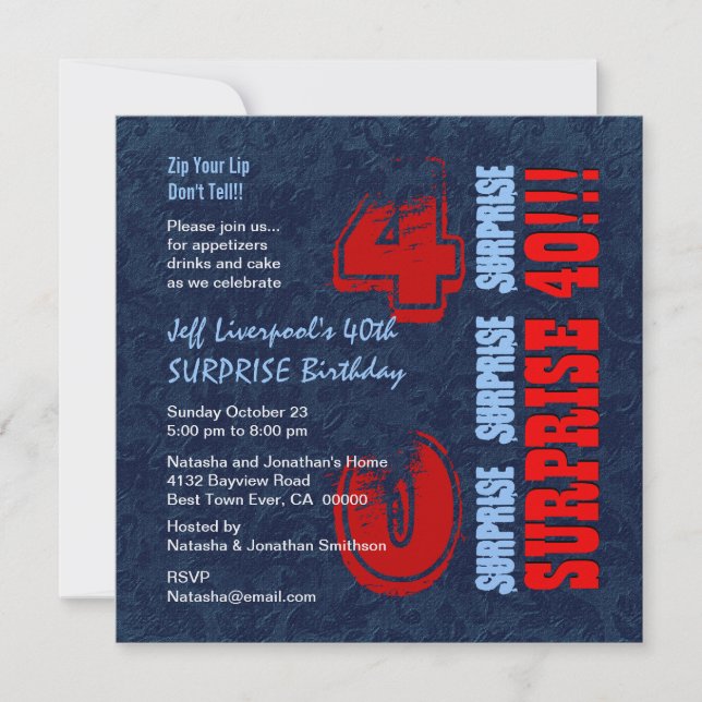 SURPRISE 40th Birthday Red White Blue W604 Invitation (Front)