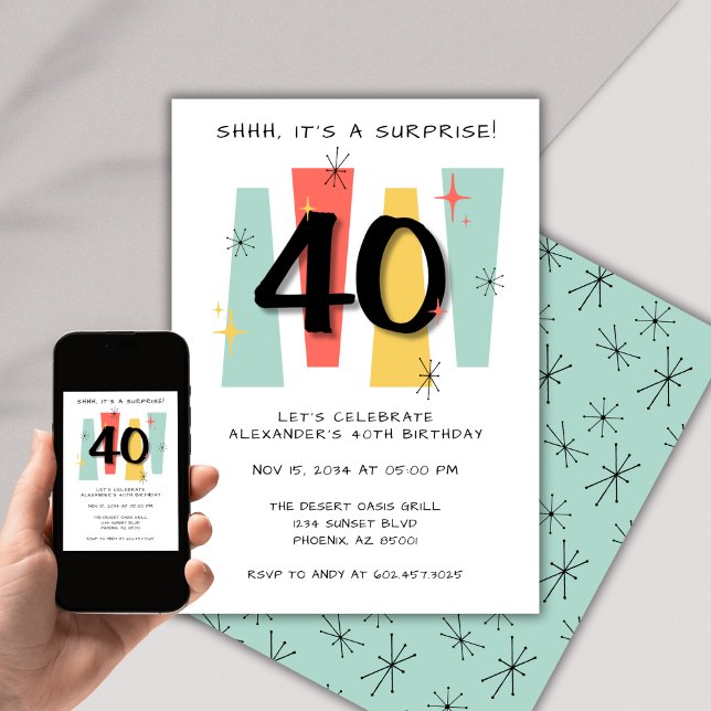 Surprise 40th Birthday Retro Midcentury Modern Invitation (Creator Uploaded)