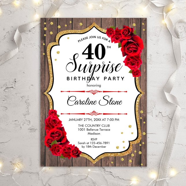 Surprise 40th Birthday - Rustic Wood Red Roses Invitation (Creator Uploaded)