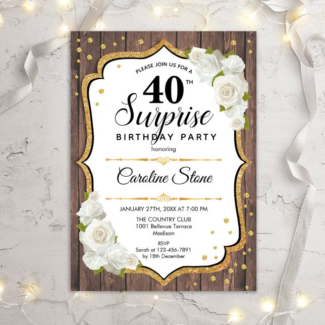 Surprise 40th Birthday - Rustic Wood White Roses Invitation (Creator Uploaded)