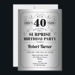 Surprise 40th Birthday - Silver Black Invitation<br><div class="desc">Surprise 40th birthday party invitation for men or women. Elegant retro faux silver foil and black design. Features stylish typography font. Cheers to 40 years! Can be customised into any age. Printed Zazzle invitations or instant download digital template.</div>