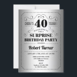 Surprise 40th Birthday - Silver Black Invitation<br><div class="desc">Surprise 40th birthday party invitation for men or women. Elegant retro faux silver foil and black design. Features stylish typography font. Cheers to 40 years! Can be customised into any age. Printed Zazzle invitations or instant download digital template.</div>