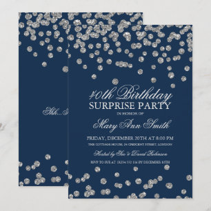Surprise 40th Birthday Silver Glitter Navy Blue Invitation