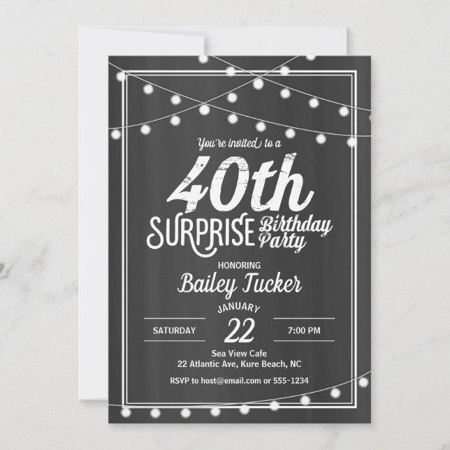 Surprise 40th Birthday String Lights Chalkboard Invitation (Front)