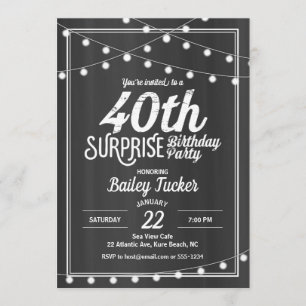 Surprise 40th Birthday String Lights Chalkboard Invitation