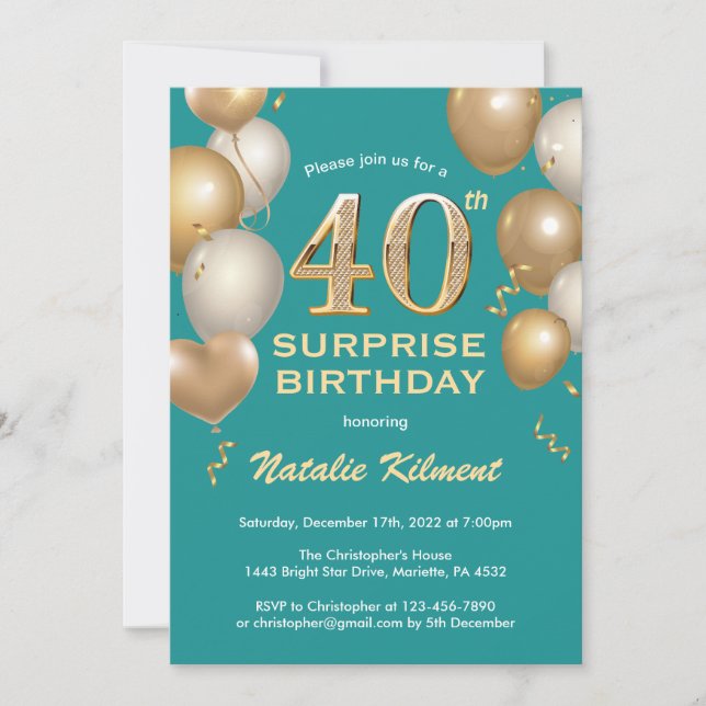 Surprise 40th Birthday Teal and Gold Balloons Invitation (Front)