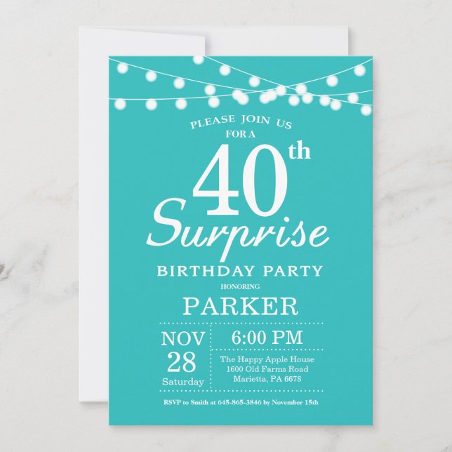 Surprise 40th Birthday Teal Aqua Turquoise Invitation (Front)