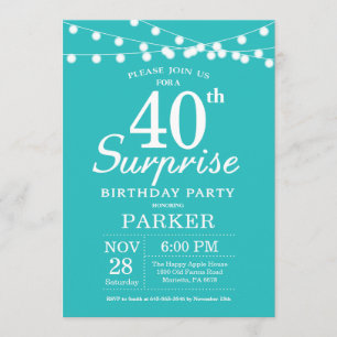Surprise 40th Birthday Teal Aqua Turquoise Invitation