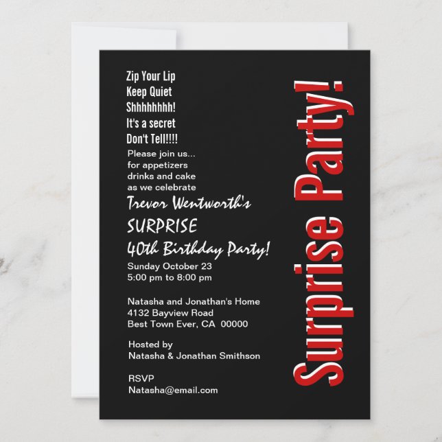 SURPRISE 40th Birthday Trendy Black White Red Invitation (Front)