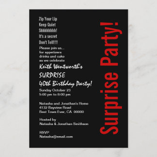 SURPRISE 40th Birthday Trendy Black White Red Invitation
