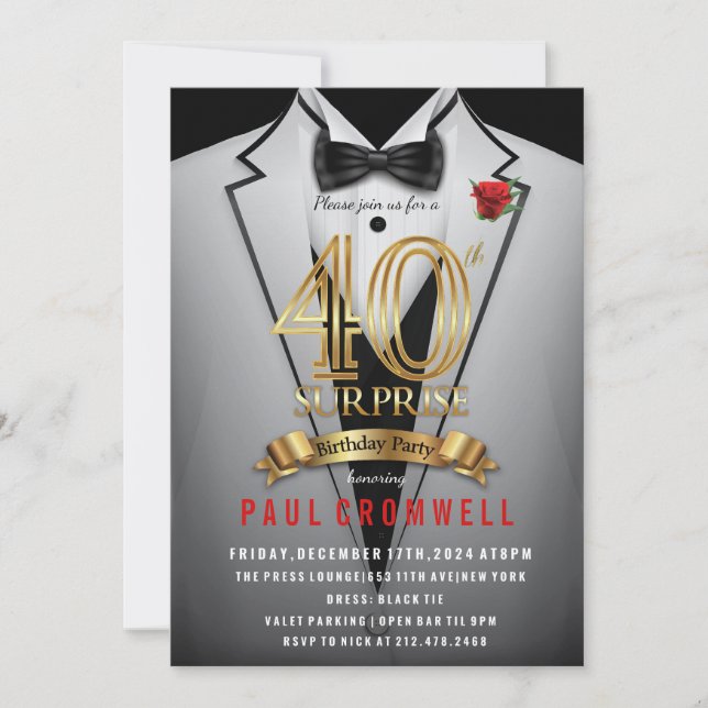 Surprise 40th Birthday Tuxedo Invitation (Front)