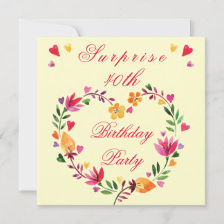 Surprise 40th Birthday Watercolor Floral Heart Invitation