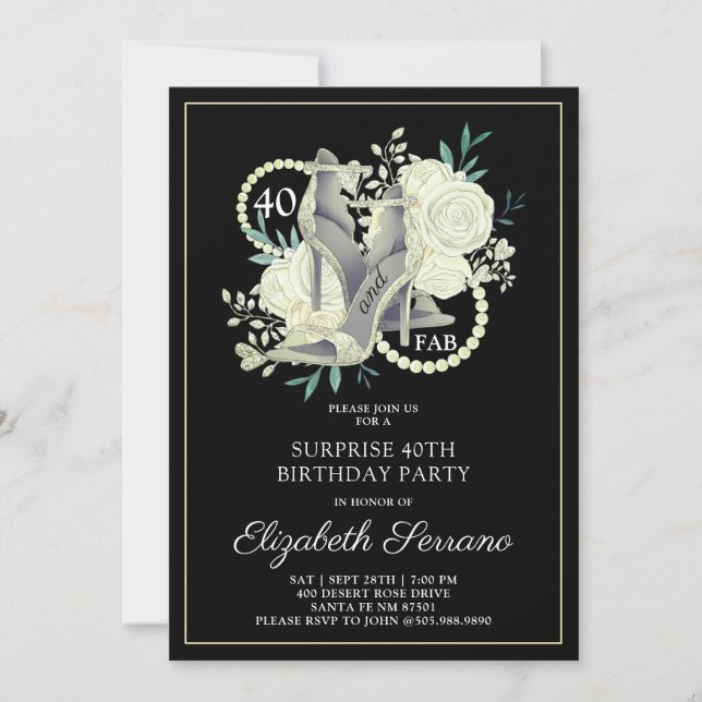 Surprise 40th Birthday White Black Glitter  Invitation (Front)