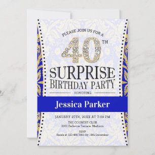 Surprise 40th Birthday - White Gold Royal Blue Invitation