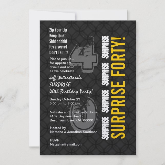 SURPRISE 40th Modern Birthday Black and Gold V001 Invitation (Front)