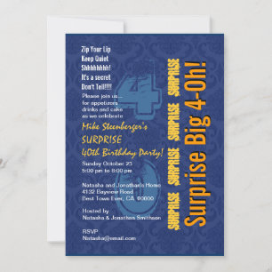 SURPRISE 40th Modern Birthday Blue and Gold R431 Invitation
