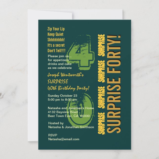 SURPRISE 40th Modern Birthday Green and Gold Invitation (Front)