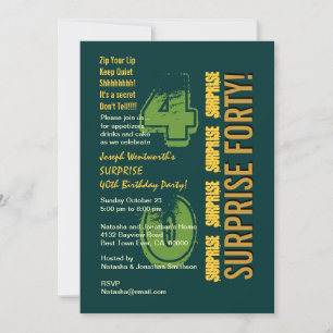 SURPRISE 40th Modern Birthday Green and Gold Invitation