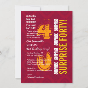 SURPRISE 40th Modern Birthday Red and Gold G302 Invitation